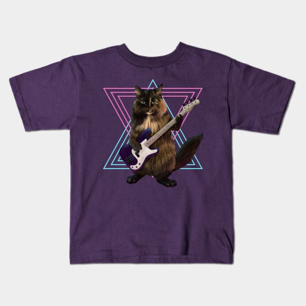 Cat playing bass guitar Kids T-Shirt by Mehu Art